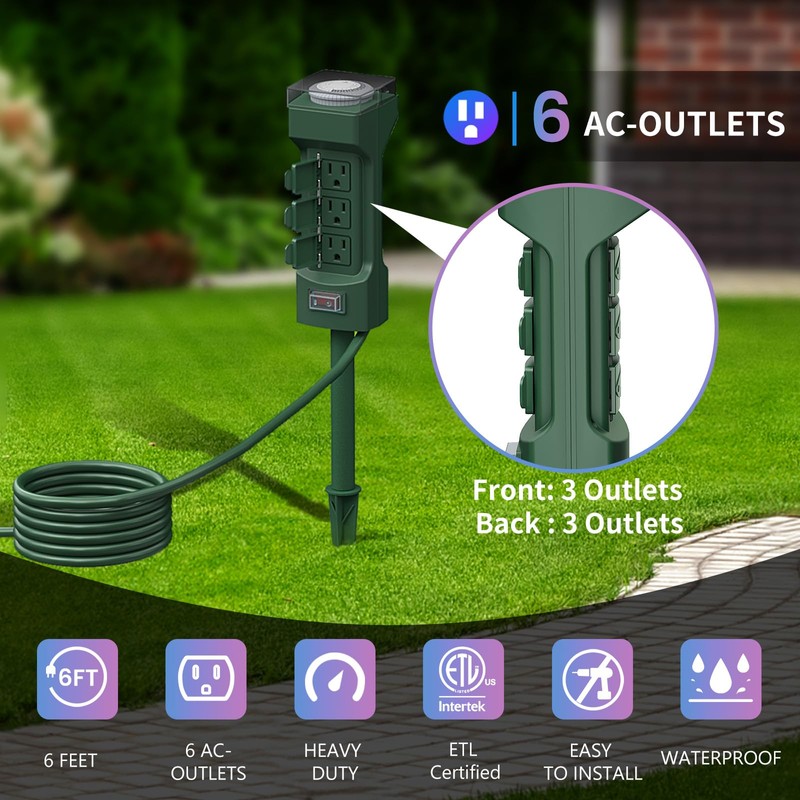 K KASONIC - 24 Hour Outdoor Stake Timer, 6 Outlets