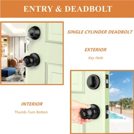 Probrico Keyed Alike Entry Door Knob and Single Cylinder Deadbolt Combo Sets, Exterior Door Knob with Lock and Key for Entrance and Front Door, Same Key, Black Finished, 3 Pack Set