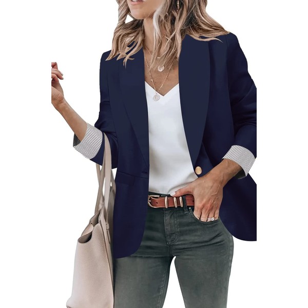 Genhoo Blazer para mujer, con frente abierto, manga larga, casual, trabajo, oficina, con bolsillos, S-2XL, azul, azul marino, (#1 Navy Blue), XXL