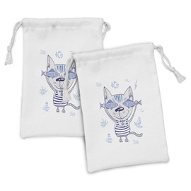 Ambesonne Fish Fabric Pouch Set of 2, Naughty Cat Fish in Striped T-shirt Anchor Pendant and Nautical Maritime Sign, Small Drawstring Bag for Toiletries Masks and Favors, 9" x 6", Blue Grey