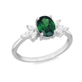 Tuscany Silver Women's Sterling Silver Rhodium Plated 6x8mm Green Oval CZ and White Marquise CZ Ring #N