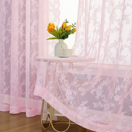 Floral Lace Sheer Curtains Pink 63 Inch Length Vintage Floral Embroidery Window Voile Drapes for Kids Bedroom Flower Privacy & Light Filtering Grommet Top Curtain Panels for Balcony 55" W, Set of 2