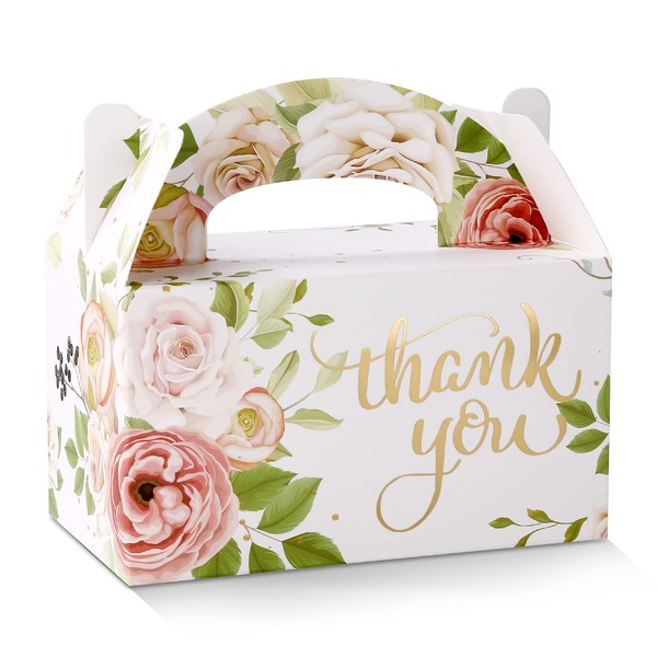 SOSFKIM Thank You Treat Boxes 12 Pack - Floral Party Favor Boxes Bulk Embossed Gold Foil - Goodie Gable Boxes for Baby Shower, Wedding, Birthday 6.3x3.5x3.5 Inch