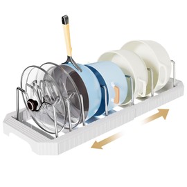 Yorbay Extendable Pot Lid Holder for Cupboard Drawer: Expandable Pans Organiser with 7 Adjustable Compartments - Pan Holder for Kitchens, Pot Lids and Pots, White