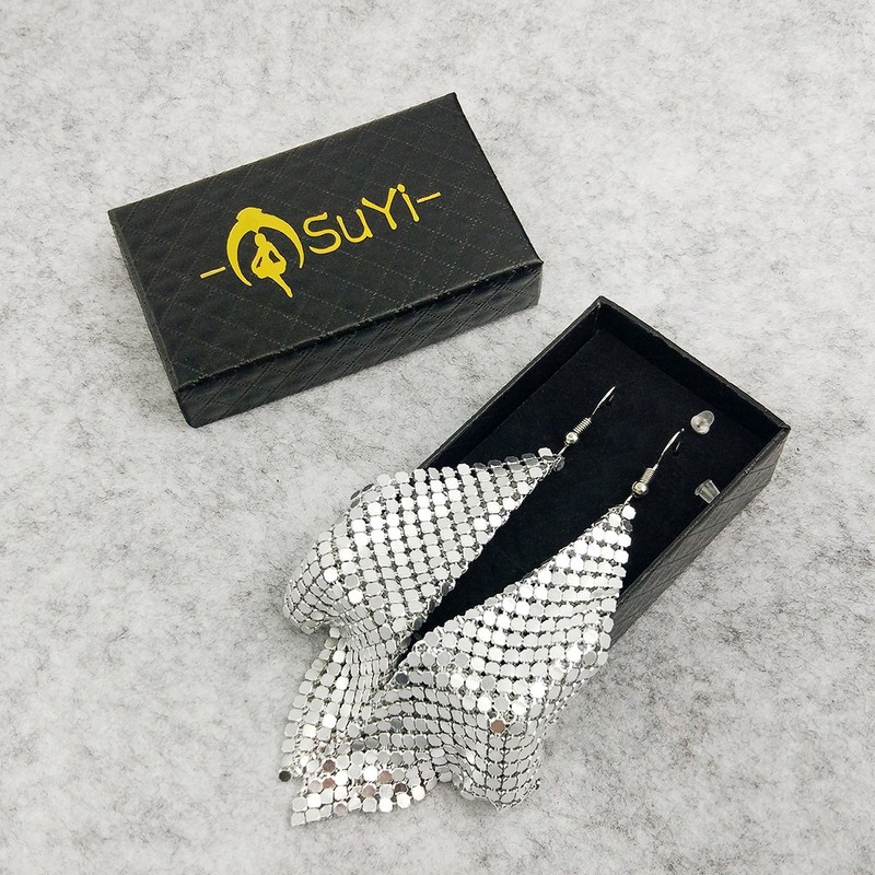 Suyi Trendy Women Earrings Metal Mesh Grid Sequins Tassel Long