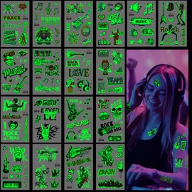 Qpout 18 Sheets Glow In The Dark Music Rock Band Star Temporary Tattoos,Luminous Guitar Rock and Roll Fake Tattoos Stickers for 90s Themed Birthday Party Decorations Favors Supplies Carnival