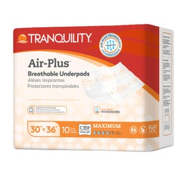 Tranquility AIR-Plus Breathable Underpads, 30"x36", Incontinence Pads with Ultimate Air Circulation, PowerSorb Design to Lock-in Fluids, Ideal for Low-Air-Loss Bed Systems, 10ct Bag
