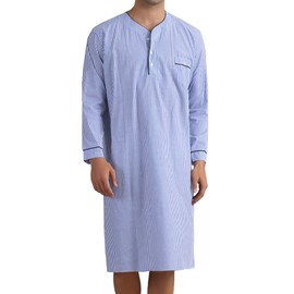 Lars Amadeus Striped Nightshirts for Men's V-Neck Button Front Long Sleeve Stripes Sleep Shirts Medium Blue