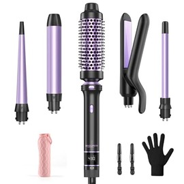 5 in 1 Curling Iron Curling Wand Set with Thermal Brush, Flat Iron Hair Straightener, 3 Ceramic Curling Irons (0.35 "-1"), 13 Adjustable Temps Hair Curler Waver, Anti-Scald Mat & Clips-Plum Purple
