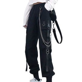 XKBHYD Women's Elastic Waist Cargo Pants Loose Chain Pants Multi Pocket Pants Black Gothic Trousers