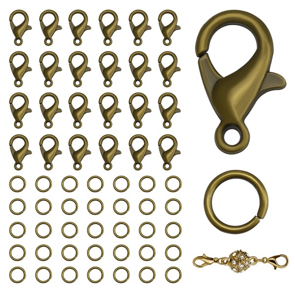 KINBOM 50pcs Lobster Clasp and 120pcs Open Jump Ring, Jewelry Bracelet Connectors Necklace Clasp Bracelet Clasp Jump Rings for Jewelry Making (Clasp: 12x6mm + Ring: 0.7x5mm, Bronze)