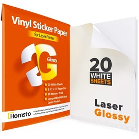 Printable Vinyl Sticker Paper for Laser Printer - Waterproof Sticker Paper Glossy - 20 Sticker Sheets for Printer - Tear and Scratch Resistant, Quick Dry, Letter Size 8.5" Ñ 11"