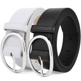 Farcauo Belts for Women Black Belt Women White Belts 2 Pack Waist Belt Pu Leather Womens Belts for Dresses Jeans Shorts Fashion Thin Womens Belts Trendy Waist Belt for Women Women Outfits Accessories