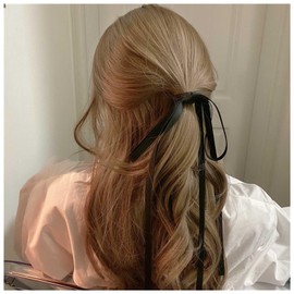 Xduargs Vintage Silk Satin Bow Hair Rope Scrunchies Long Satin Ribbon Bow Elastic Hair Band Ropes Satin Silky Bow Hair Bands French Bowknot Bands Rope (Black)