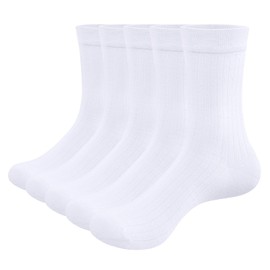 YUEDGE Women's White Breathable Cotton Socks Lightweight Basic Womens Socks Plain Classic School Dress Socks for Women Size 4-7, Multipack, 5 Pairs