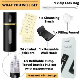 LASBOTTLE 4 in 1 Travel Bottle Travel Accessory Travel Essentials Liquid Dispenser Travel Container Pump Bottle Leak Proof Toiletries Soap Cosmetic Lotion Spray, 6.1 oz (Gold Black)