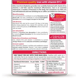 Iron Tablets Supplement, Boosts Energy, Vitality, Power and Immunity and Supports against Anemia, Tiredness and Fatigue with added Vitamin C Vitamin B12 and Folic Acid (Vitamin B9), Vitabiotics Ultra
