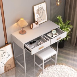 onesaimei White and Gold Desk with 2 Drawers, Modern Makeup Vanity Desk with Stool, Small Computer Desk Home Office Desk for Writing Study Bedroom, 80×90CM