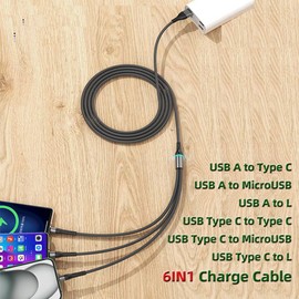 IHAO 6in1 Multi Ports Charger Cable USB A/Type C to USBC/Micro PD Fast Cord Durable Nylon Braided Triple Head Universal Charging Solution for All Your Devices-1.2M Black