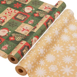 AhfuLife 2 Rolls Christmas Wrapping Paper - 17 Inch × 49.2 Feet Per Roll, Recyclable Snowflake Kraft Xmas Wrapping Paper Roll for Christmas Gift Box Birthday Party Decoration -138 sq. ft. ttl
