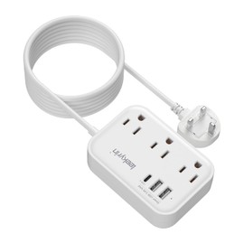 10FT Extension Cord with UK Plug Adapter, US to UK Plug Adapter with 3 Outlets 3 USB Charging Ports (USB-C), Type G Travel Adapter for USA to Scotland British London England Irish Dubai