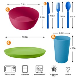afcevnlb 36-Piece Plastic Wheat Straw Dinnerware Sets Plates and Bowls Sets for 6 Lightweight Bowls Unbreakable Dish Set Dishwasher Microwave Safe Suitable for Camping Party Grill（Iridescent）