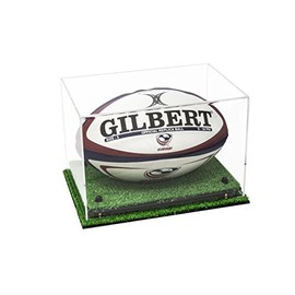 Better Display Cases Clear Acrylic Rugby Ball Display Case Black Risers Turf Base (A004-CBRTB)