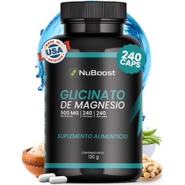 Nuboost Glicinato de Magnesio 500 mg - 240 Cápsulas - Magnesio Alta Absorción - Hecho en USA, Certificado GMP y Sin OMG