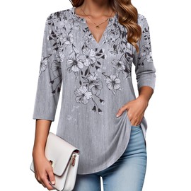 Zeagoo Womens Tunic Tops to Wear with Leggings Floral Blouse Business Work 3/4 Length Sleeve Shirts Gray L
