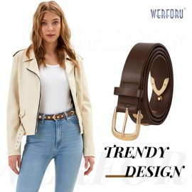 WERFORU Women Fashion Leather Belt for Jeans Pants Dress Ladies Vintage Punk Studded Belt with Gold Buckle Coffee