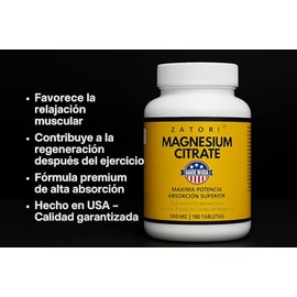 Citrato de Magnesio mejor absorción 500 mg suministro 180 días tabletas de máxima potencia, sin OMG, sin gluten