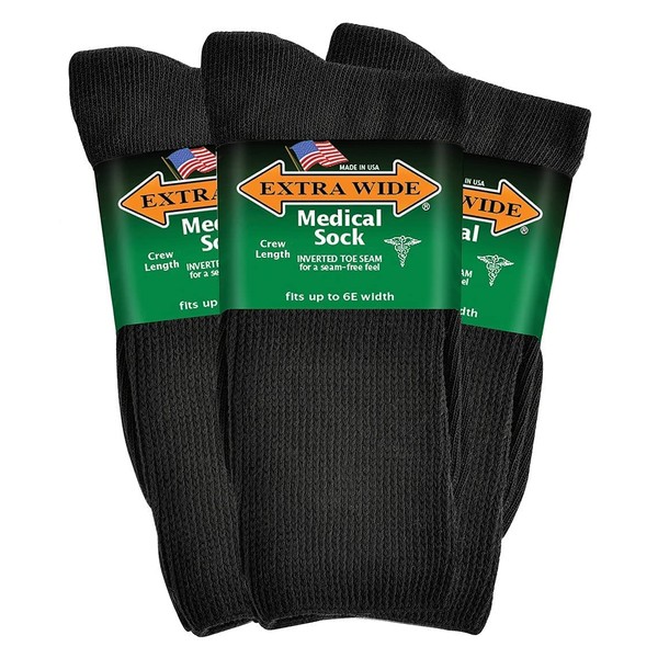 Extra Wide Medical Mid Calf Crew (Pack of 3), Diabetic Socks, Made in USA, for Men and Women (Medium, Black)