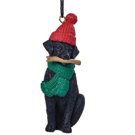 Blossom Bucket Black Dog with Red Hat and Green Scarf Christmas Ornament