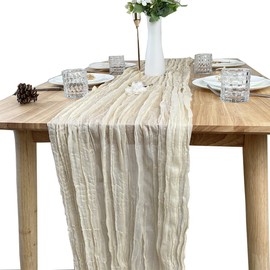 HAPWONEY Cheesecloth Table Runner, 2 Pcs 13.1Ft Rustic Gauze Table Cloth Boho Table Decorations for Wedding Festival Bridal Shower Christmas Party (Beige)