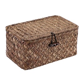GUSHBIN Handwoven Seagrass Basket Wicker Shelf Basket with Lid Rectangular Multipurpose Desktop Organizer Bin for Key Remote Control, Small,7.0" x 4.3" x 3.3"