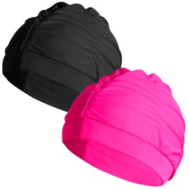 2 pcs Black & Rose Red Cloth Swim Caps for Women, Fabric Durable Non-Waterproof Elastic Swimming Pool Cap Bathing Cap for Long Hair