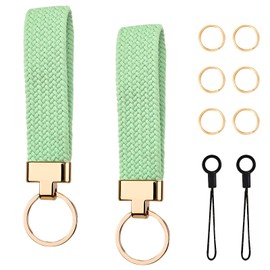 Thatyro 2 Pieces Nylon Woven Wristlet Keychain, Cute Wrist Lanyard with Extra 6 Keyrings & 2 String, Stretchy Key Chains Holder Strap Bracelet for Women Men Car Wallet Phone (Green)