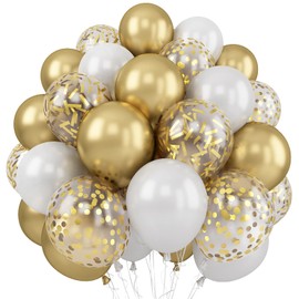 Balloons White and Gold, 60 Packs 12 Inch Metallic Gold Balloons Pearl White Latex Balloons Gold Confetti Balloons for Birthday Parties, Weddings, Anniversaries, Baby Shower Party Decorations