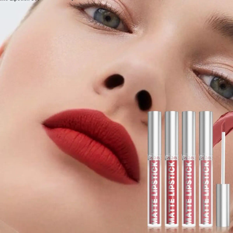 Set De 4 Labiales Mate Labial Resistencia Agua Color Rojo