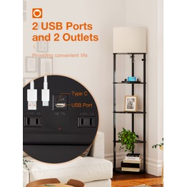 addlon 5-Tier Corner Shelf Sector Floor Lamp with Type C, USB Port and 3CCT LED Bulb, Modern Display Floor Lamp for Bedroom, Living Room, Office - Black