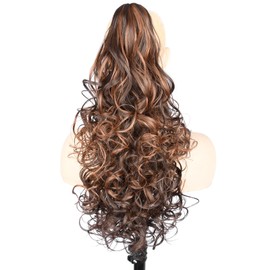 GLEDOLA Ombre Claw Clip In Wavy Loose curly Synthetic Wrap Around Ponytail Extensions Short Pony Tail Clip In Extensions for Women Girl (24 inch—Curly, Dark Rose Gold #6H30)