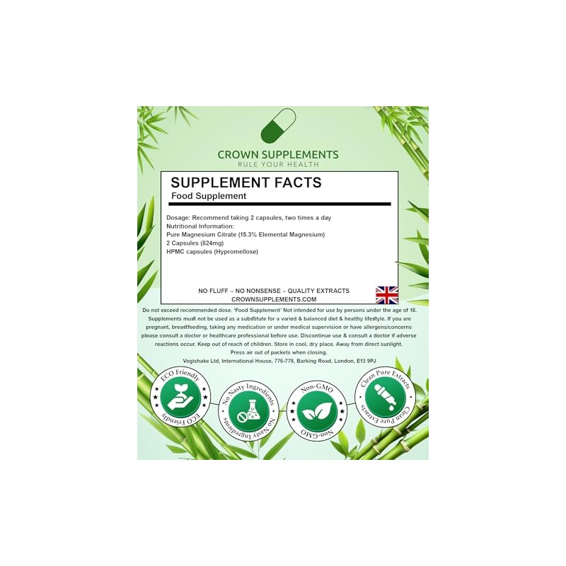 Pure Magnesium Citrate Capsules | Elemental Magnesium 15.3% | Clean