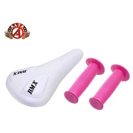 ALTA White BMX Vinyl Saddle & Pink Mushroom Grips BMX BIKES.