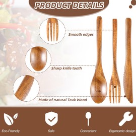 Geiserailie 12 Pcs Wooden Utensils for Eating Set Wooden Spoon Fork Knife Cutlery Set Kitchen Wood Utensils Dinner Flatware Tableware (Teak Wood)