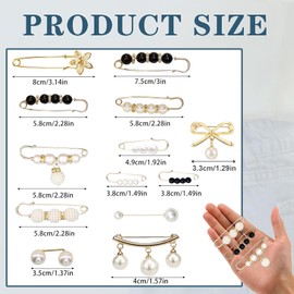 Rattmety 13PCS Pearl Brooch Pins for Women, Sweater Shawl Clip Neckline Safety Pin Faux Pearl Brooches Waist Tightener Safety Pins for Women Scarves, Jackets, Tops, Jeans and Dresses