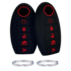 KARLOTLAND - Funda de silicona con 5 botones para llave inteligente compatible con Nissan Rogue Maxima Altima Sedan Pathfinder Armada Murano Titan Versa Sentra (2 unidades, negro con rojo)