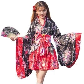 Lady Lazy Kimono Dress, Kimono Set, Yukata, Dress, Mini with Obi, Red (L)
