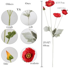 Libeking Red Poppy Flowers Artificial 8PCS Silk Flowers with Stems Red Silk Poppy Flowers Realistic Faux Flowers for Memorial Day Wedding Centerpieces Home Table Decorations (Red)