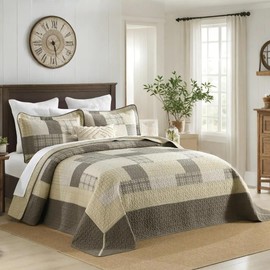 Bedduvit 100% Cotton 120"x120" Oversized California King Bedspread - Farmhouse Oversized Quilt Lightweight Comforter Bedding Set, 3pcs Soft Coverlet Reversible Luxury Plaid Bed Blankets, Beige/Brown