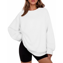 PINSPARK Crew Neck Sweatshirts Women Loose Fit Preppy Pullover Top with Thumbholes Teen Girl Preppy Clothes, White S